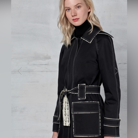 Premiere Collection trench coat size small black, belted, white thread, EUC, S - Picture 5 of 5